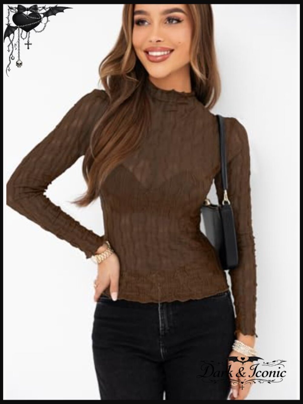 Mesh Sheer Lace Layering Top Mock Neck Long Sleeve See Through Blouse - Picture 4 of 7